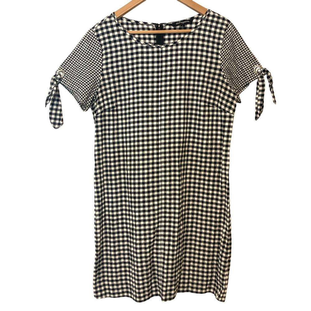 Sharagano Gingham Plaid Black White Sheath Short Tie Sleeve Cottage Dress 10